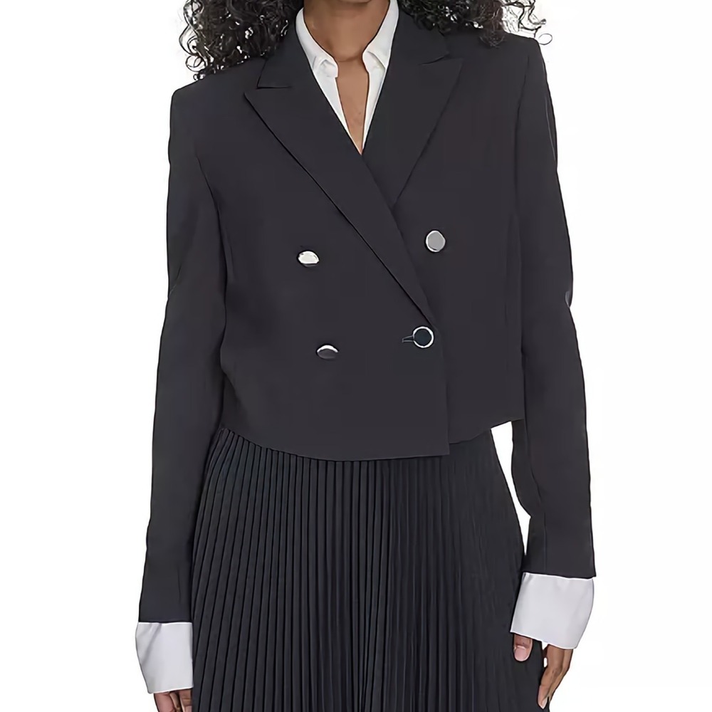 Calvin Klein Cropped Blazer Double Breasted Black Suit Jacket Womens 8 NWT